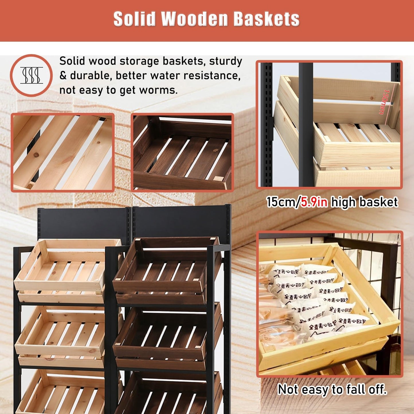 ZJKXJH 4 Tier Wood Fruit and Vegetable Basket Stand Rack, Commercial Produce Potatoes and Onions Floor Storage, Detachable Supermarket Retail Display Holder/Wine Shelf(Black Rack+Wooden Basket)