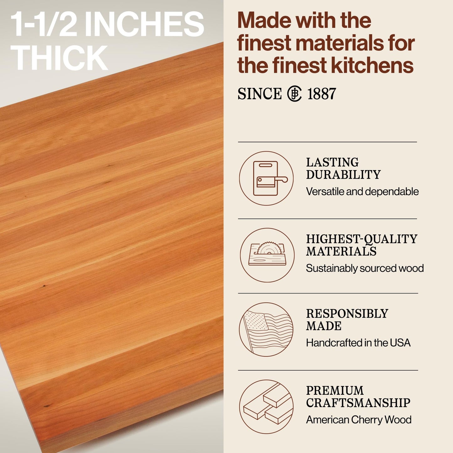John Boos Rectangular Wooden Blended Cherry Counter & Island Top Cutting Board 24”x25” – 1.5” Thick, 25-lb Non-Reversible Countertop Butcher Block with Eased Edges & Edge-Grain – Made in the USA