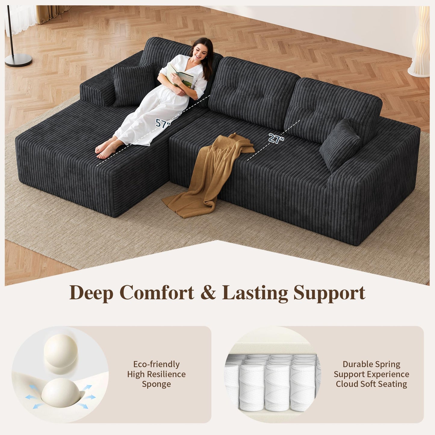 Ball & Cast 106" Boneless Sectional Sofa, Corduroy Modular L Shaped Couch with Deep Seat Chaise, Cloud Style Oversized Sofa for Living Room, No Assembly, Left Facing, Grey