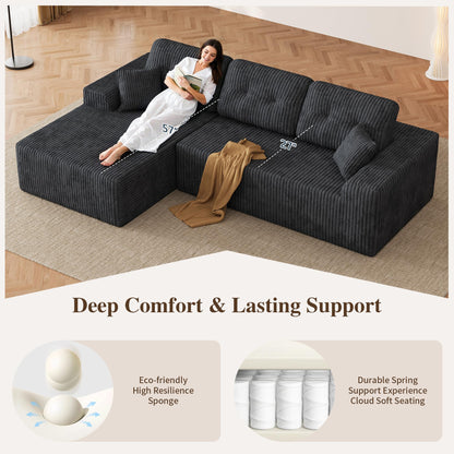 Ball & Cast 106" Boneless Sectional Sofa, Corduroy Modular L Shaped Couch with Deep Seat Chaise, Cloud Style Oversized Sofa for Living Room, No Assembly, Left Facing, Grey