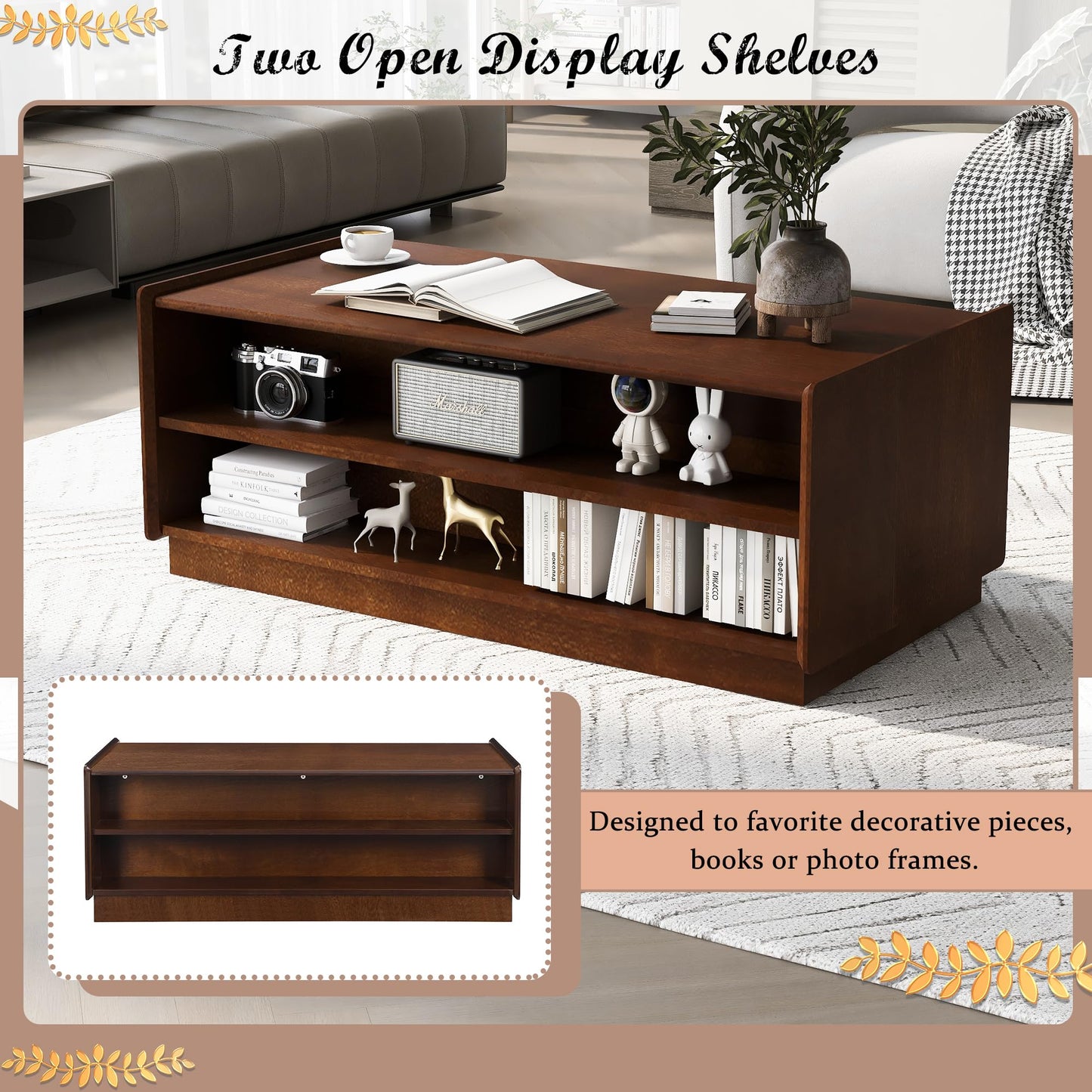 Merax Modern 47.2" Rectangle Coffee Table with 4 Drawers and 2 Display Shelves, Wood Fluted Style Center Tables w/Tempered Glass for Living Room Reception Room, Brown