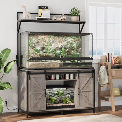 VOWNER Farmhouse Reptile Tank Stand with Power Outlet, 48" X 24" Tabletop Fits up to 120 Gallon Bearded Dragon Tank, Heavy Duty Aquarium Stand with Storage Cabinet, Reptile Turtle Terrarium Stand Grey