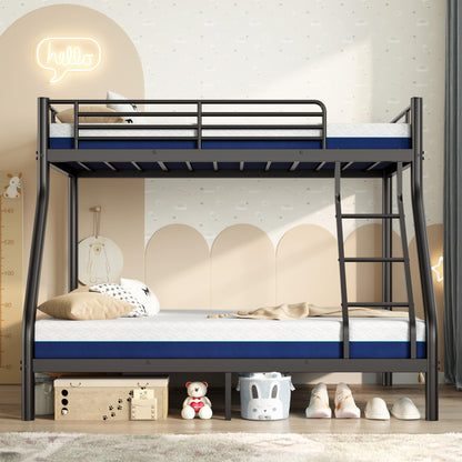 soges Twin Over Full Metal Bunk Bed Set with 6" Mattresses Included, All-in-One Bunk Bed for Adults, Heavy Duty Bunk Beds with Ladder & Guardrail, with Two Memory Foam Mattresses, Black