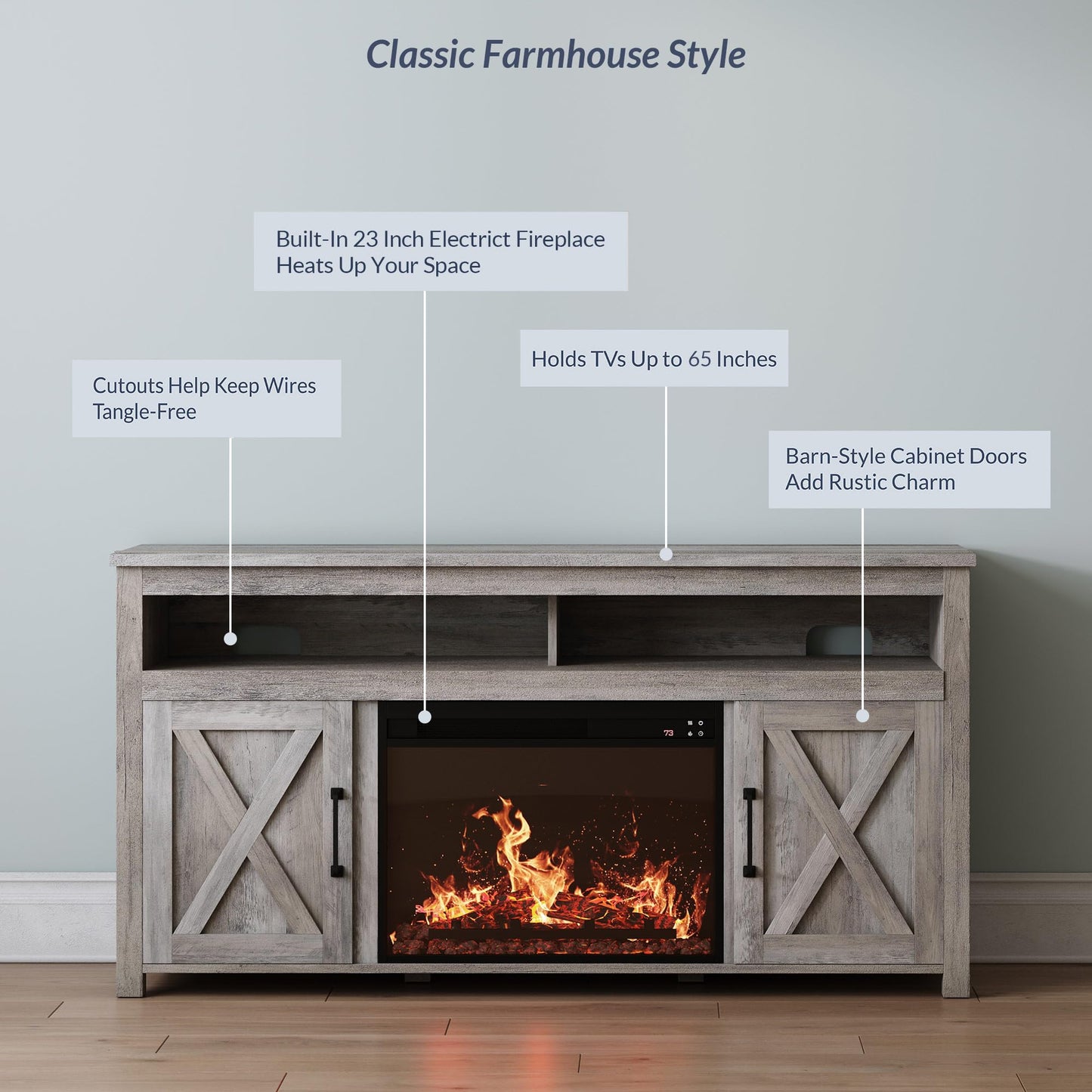 BELLEZE 58" Farmhouse Fireplace TV Stand for TVs up to 65", 23" Electric Fireplace Heater with Sound, Entertainment Center Media Console Table Barn Door Storage Cabinets for Living Room -Gray