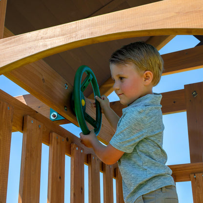 Backyard Discovery Lightning Ridge Cedar Wood Swing Set with Wave Slide, Play Deck, Rock Wall, Sandbox, Belt Swings, Toy Telescope, Steering Wheel, Step Ladder, Outdoor Playset