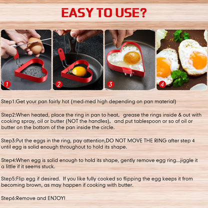 Patelai 6 Pcs Heart Pancake Mold Fried Hearts Shape Fried Egg Ring Set Stainless Steel Pancake Molds with Silicone Handle for Mothers Day Gift Breakfast Omelette Sandwich(Heart Style,4 Inch, 6 Inch)