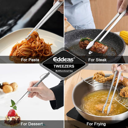 Eddeas Tongs For Cooking - Heat Resistant 600 Degrees, All Metal Kitchen Tweezers Tongs, Heavy Duty Stainless Steel Cooking for Food, Grill, BBQ, Dishwasher safe Set of 4 (12" & 9in)