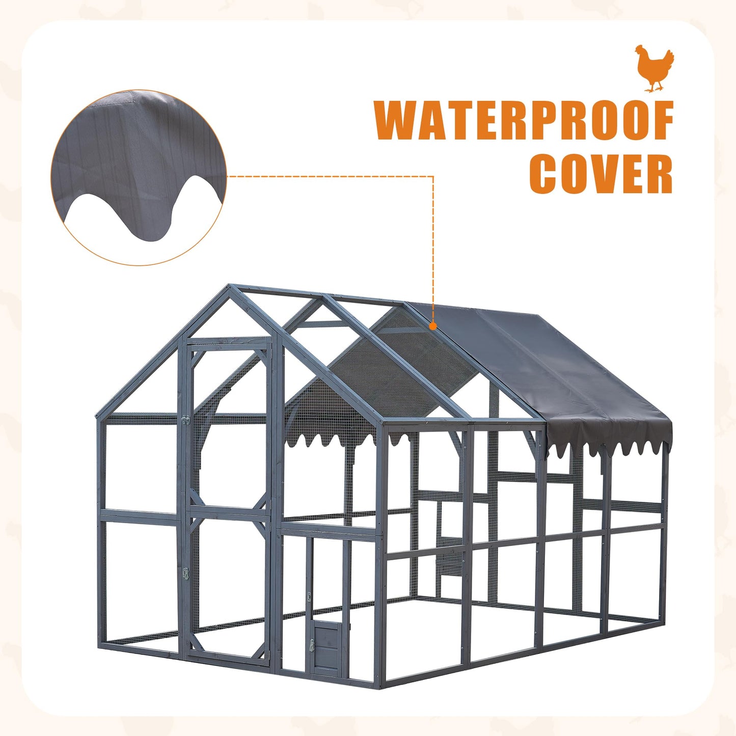 KEIKI Chicken Coop, 9.3 x 6.2 x 6 FT, Large Wooden Chicken Run with Waterproof Cover, Outdoor Walk-in Hen House, for Backyard Farm, Grey
