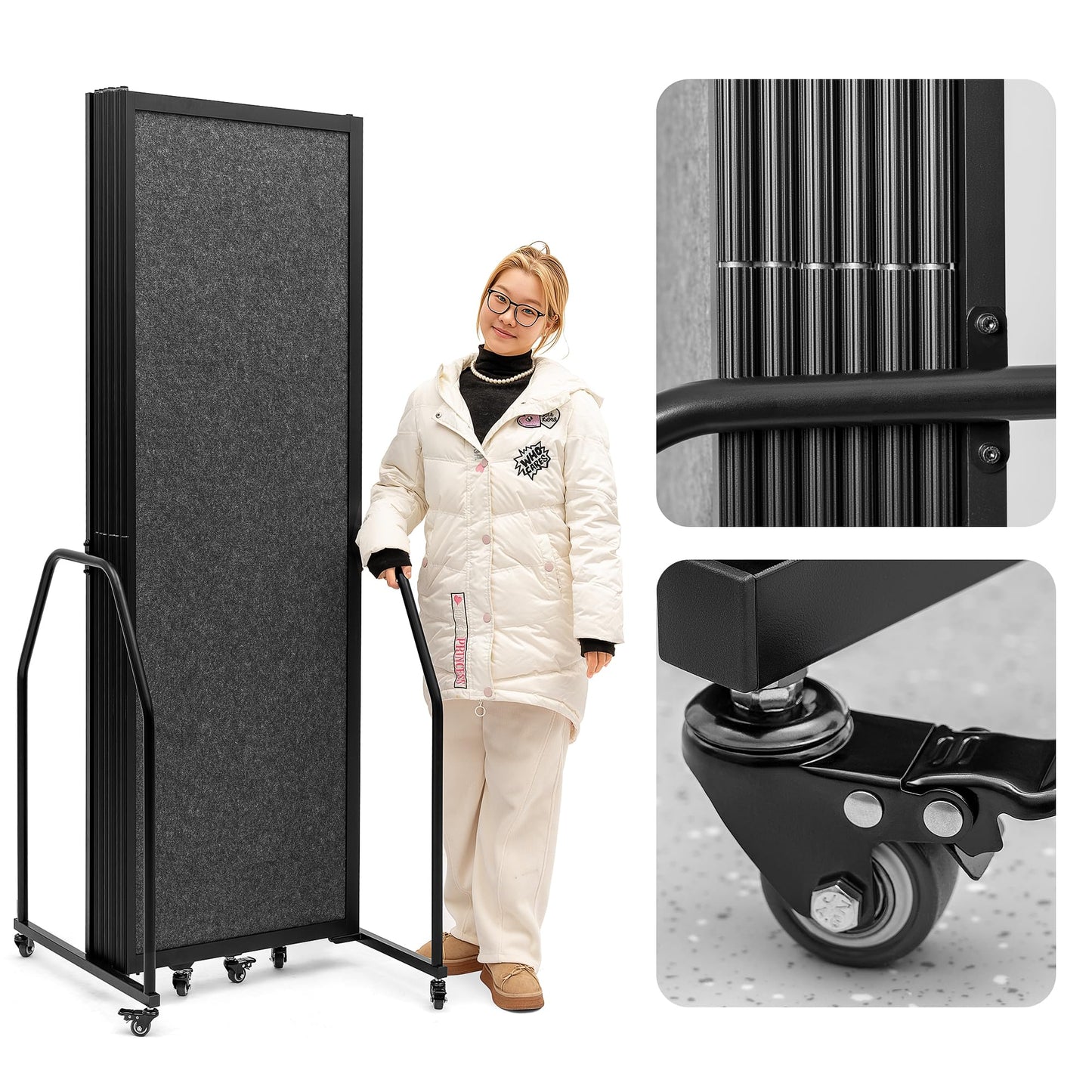 Artigwall Foldable Privacy Screens Rolling Room Partition with arms Versatile Freestanding Dividers for Hospitals Clinics Nursing Homes Offices 7 Panel, Dark Gray