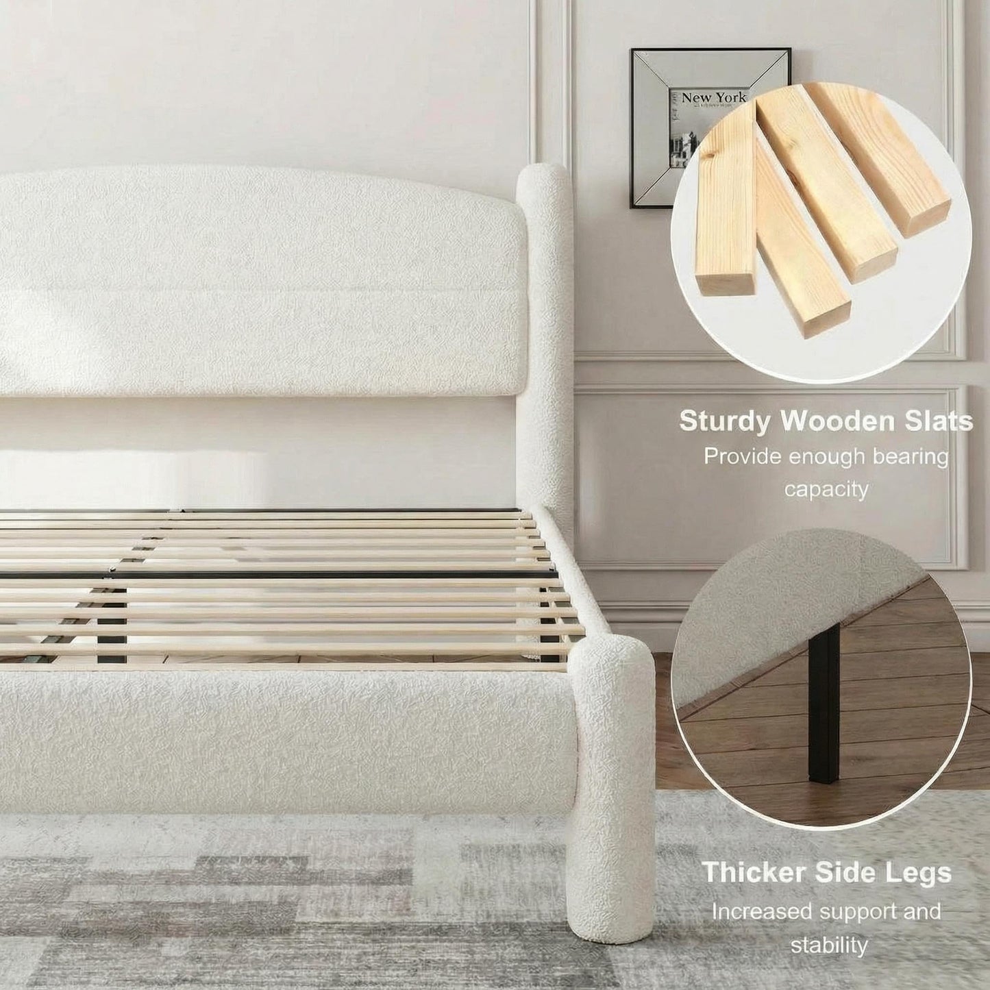 Garvee King Size Boucle Bed Frame, Upholstered Platform Cloud Bed with Soft Round Headboard & Cylindrical Legs, Heavy Duty & Noise Free, No Box Spring Needed, Easy Assembly, White