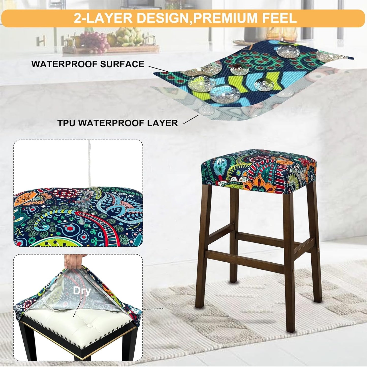 Counter C,2 Pack NeColorLife Stool Covers Rectangle Printed,Stretch Waterproof Saddle Seat Covers for Height