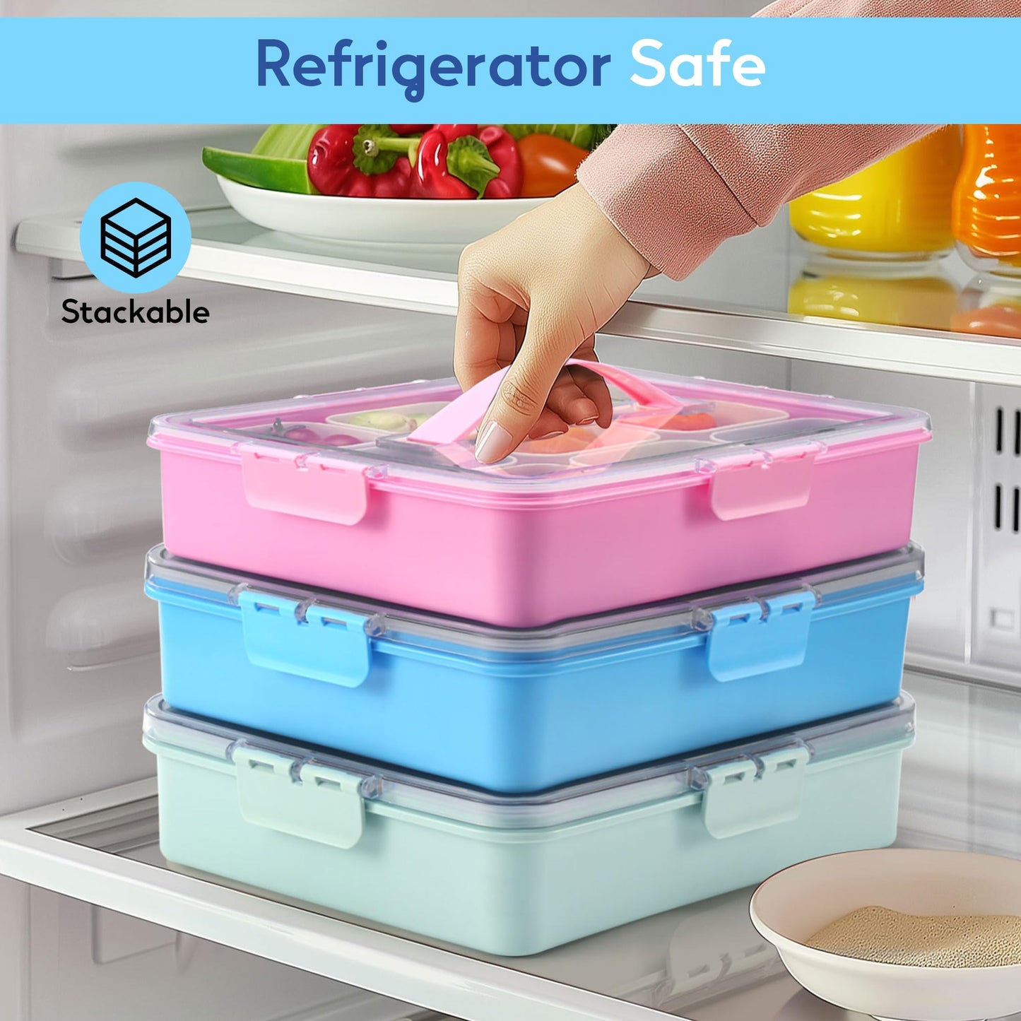 Snackle Box Container for Adults with 9 Compartment, Divided Serving Tray Snack Box Containers with Lid and Handle, Charcuterie Boxes Portable Snack Platter for Fruit Veggie Party Travel, Blue