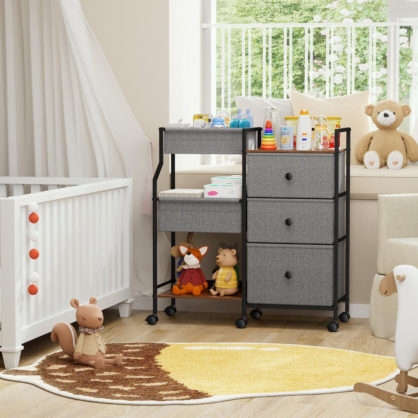 Modanais Baby Diaper Caddy Organizer and Storage - 3 Tier Rolling Cart with Dividers and Drawers, Easy To Assemble, Mobile Utility Cart with Wheels for Nursery, Bedroom, Changing Table & Crib