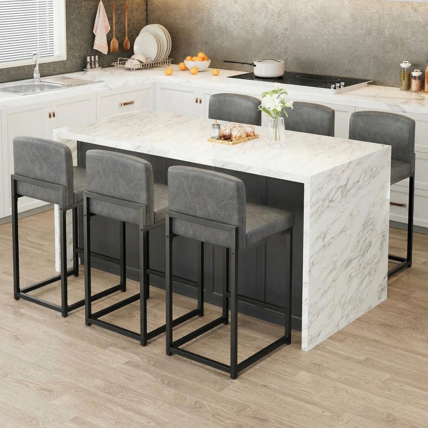 GarveeHome Bar Stools Set of 4, Modern Counter Height Bar Stools with Back and Footrest, Faux Leather Upholstered Barstools Chairs for Kitchen Island Dining Room Bar, Grey