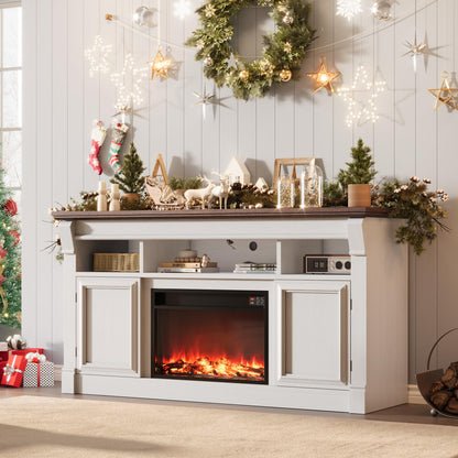 GAOMON 58 Inch Fireplace TV Stand, Wooden Entertainment Center with 36 Inch Electric Fireplace, 3D Realistic Flame, Farmhouse Media Console with Storage Cabinets for Living Room, White+Brown