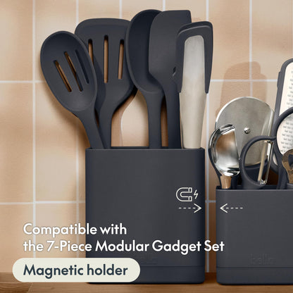 bella 6-Piece Modular Tool Set, Silicone, Turner, Spoon, Slotted Spoon, Spatula, Tongs, Crock with removable divider, Non-toxic*, Food-grade, Heat safe to 425°F, Dishwasher Safe, Slate