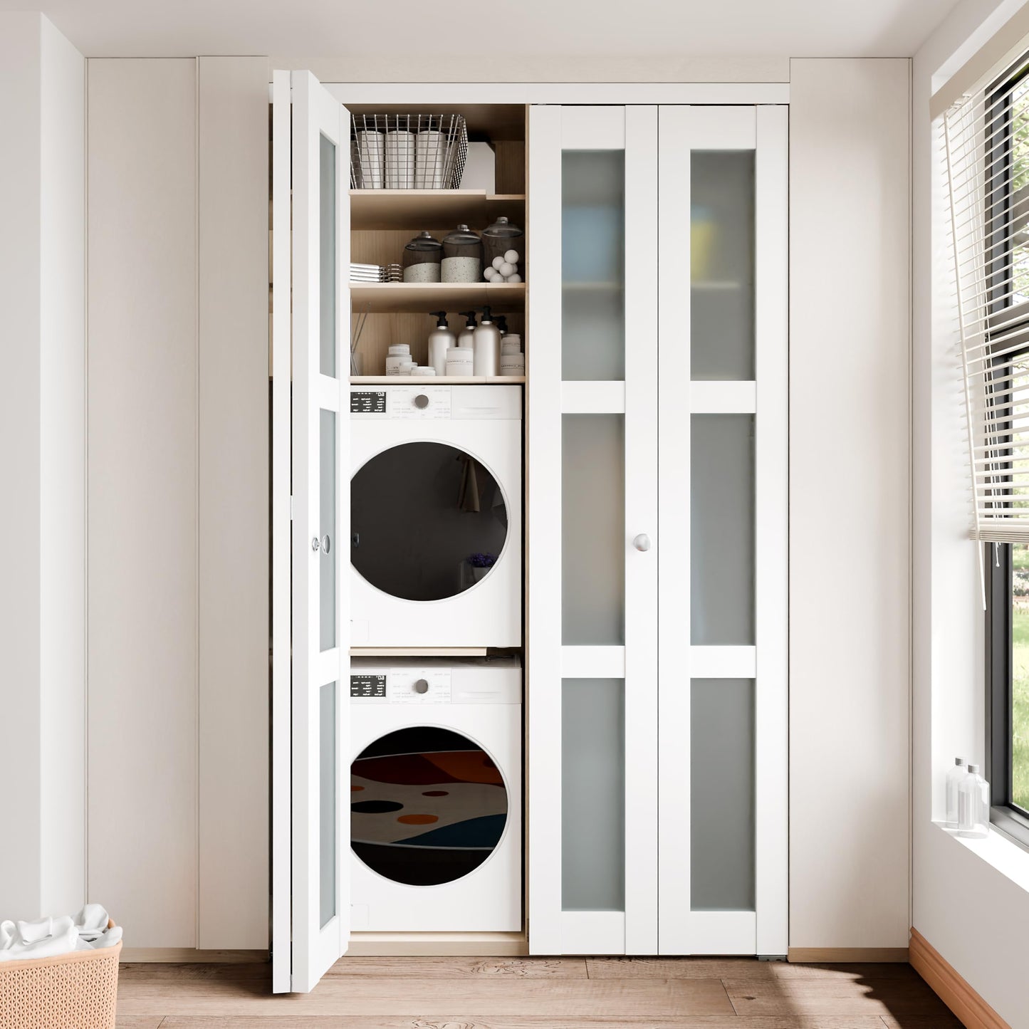 BARNER HOME Bifold Doors for 60"x80" Opening, Tempered Frosted Glass Folding Closet Doors with Concealed Hardware Kit, Preassembled White Bifold Barn Door for Pantry