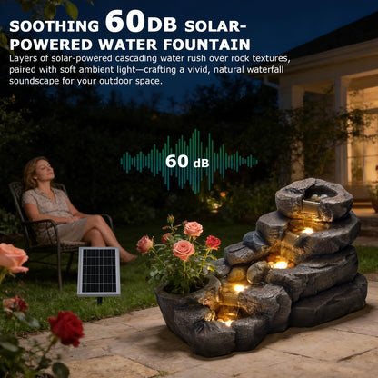 Pivotify 38.2" L Solar Water Fountain Outdoor,5-Tier Rock Waterfall Fountains Solar Powered Floor Standing Outdoor Water Feature with LED Lights for Patio, Garden,Porch, Yard, Home Art Decor（Brown）