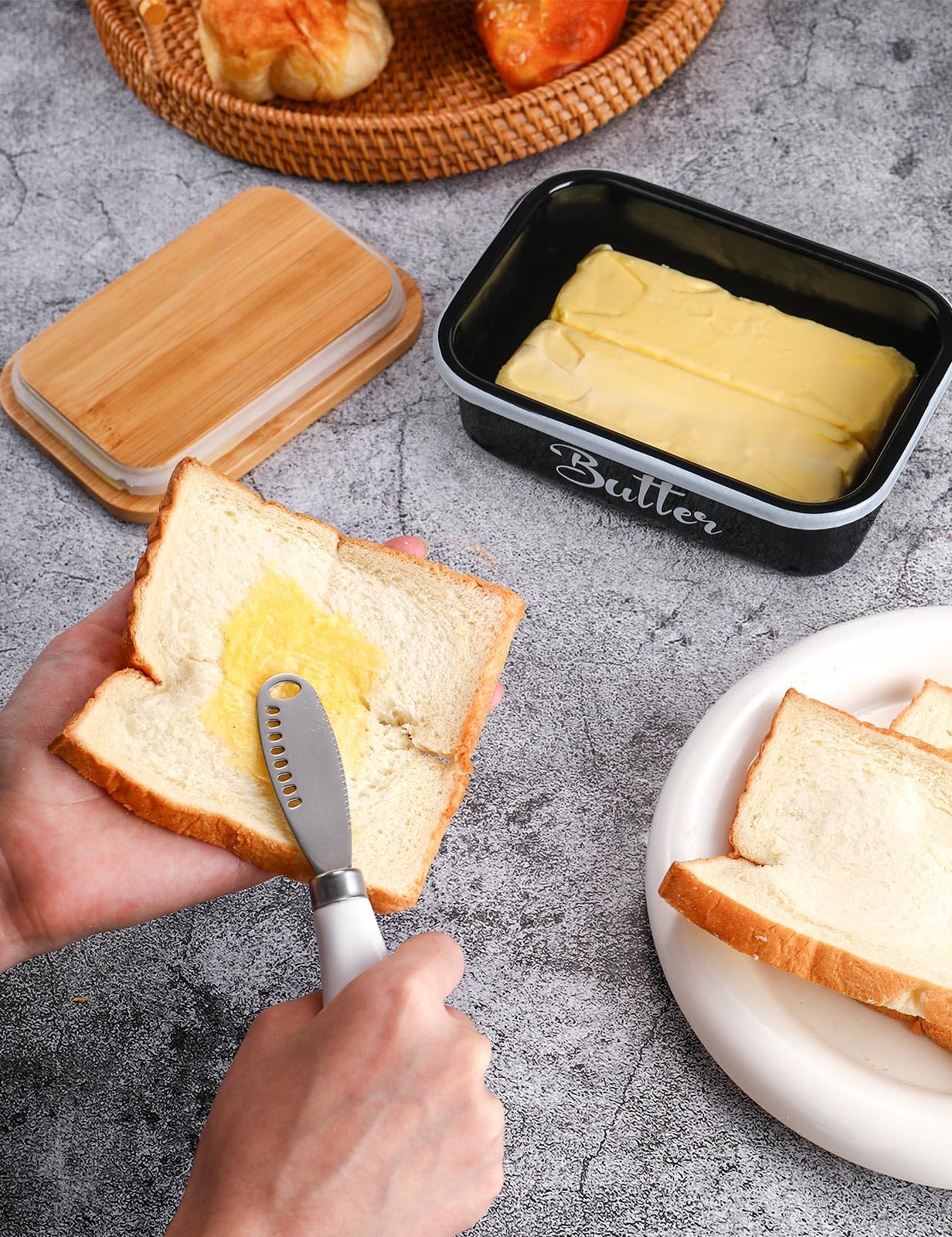 Butter Dish with Lid for Countertop, AISBUGUR Metal Butter Keeper with Stainless Steel Multipurpose Butter Knife, Butter Container with Double High-quality Silicone Good Kitchen Gift Set of 2 Black