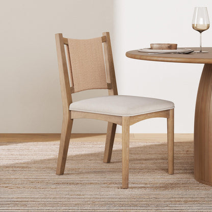 Nathan James Elodia Upholstered Dining Chair with Seagrass Back Solid Wood Modern Dining Room Chair with Natural Flax Upholstery, Light Brown