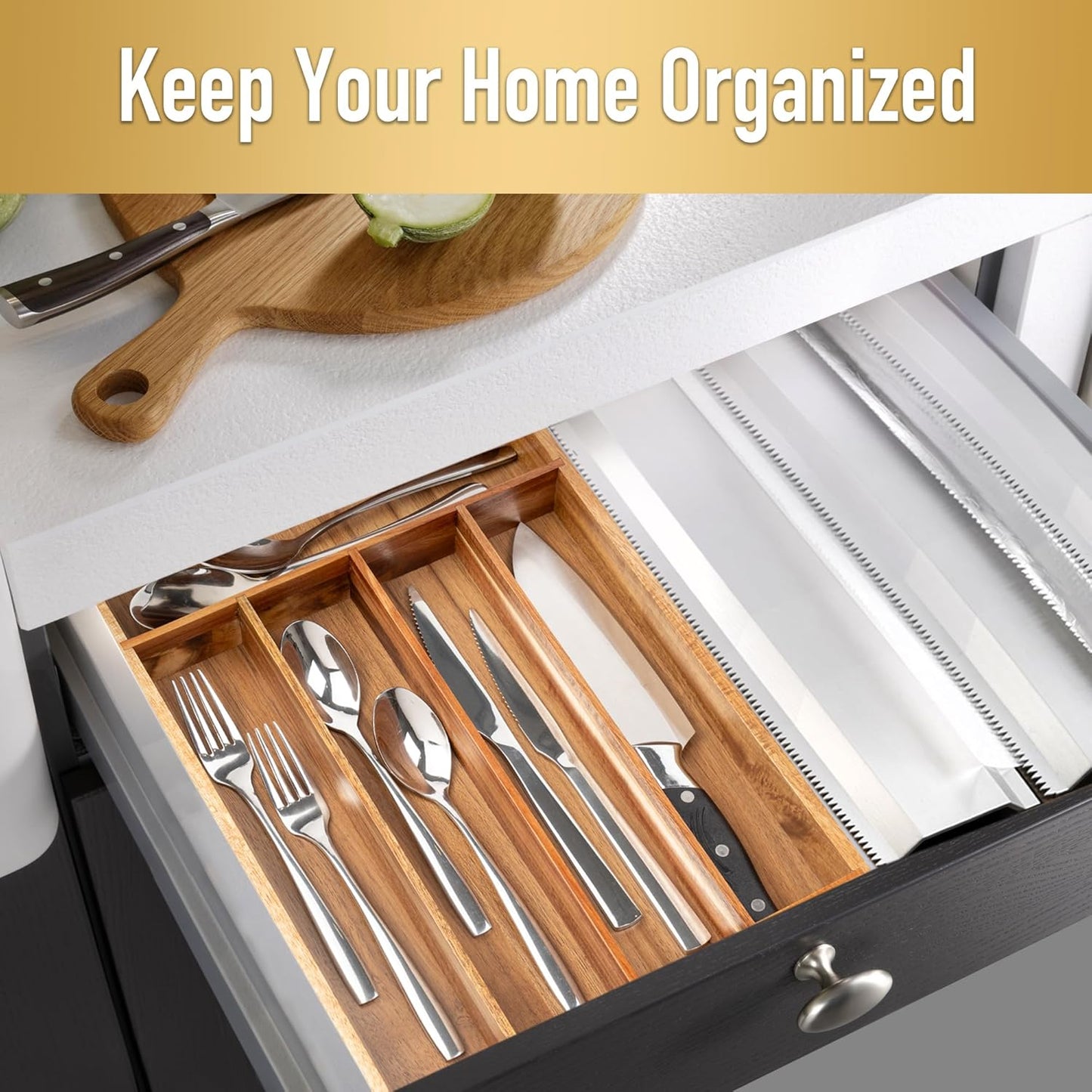 Silverware Organizer Acacia, Kitchen Drawer Organizer, Cutlery Holder with 5 Slots for Flatware Storage in Drawer