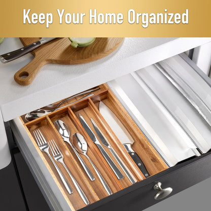 Silverware Organizer Acacia, Kitchen Drawer Organizer, Cutlery Holder with 5 Slots for Flatware Storage in Drawer