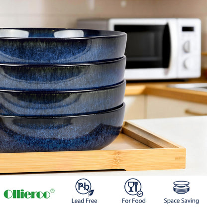 Ollieroo 4 Pieces 7.8 Inch Ceramic Pasta Bowls Set, 37oz Porcelain Reactive Glaze Salad Bowls Set, Large Serving Bowls Set for 4, Wide Bowls for Soup, Cereals, Fruit, Dishwasher Microwave Safe, Blue