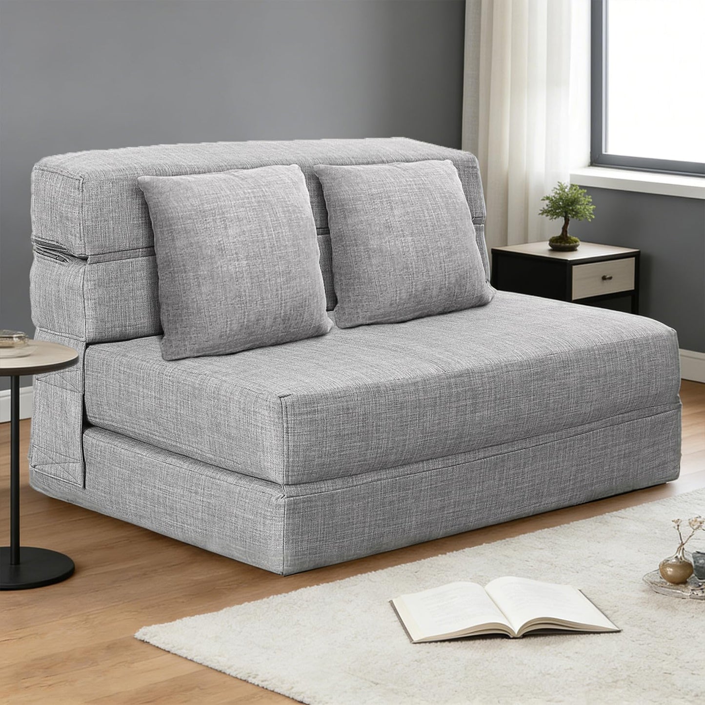ANONER 60" Folding Sleeper Chair Sofa Bed Lazy Couch with 2 Pillows, Queen Size Memory Foam Washable Cover, Light Gray