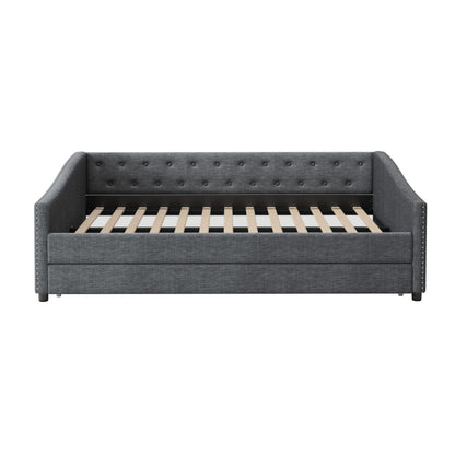 Ball & Cast Full Size Upholstered Tufted Daybed with Twin-Size Trundle, Bed Frame w/Button Tufted Back and Waved Shape Arms,for Bedroom,Guest Room,Apartment,Dark Grey