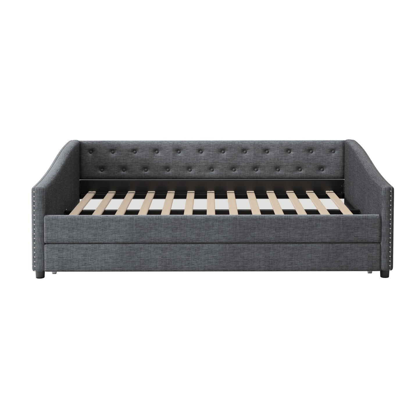 FAVSH Upholstered Daybed with Trundle, Full Size Day Bed w/Button-Tufted Back and Piping on Waved-Shape Arms for Bedroom or Guest Room, No Box Spring Required, Dark Gray