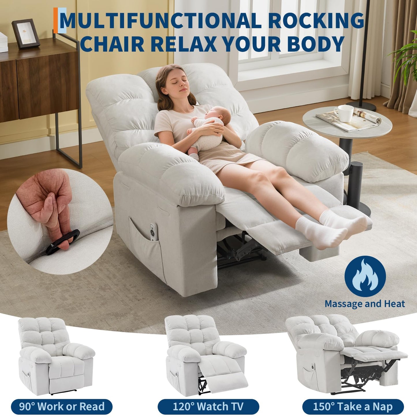Garvee 21.4in Wide Recliner Chair,Massage & Heat Recliner Chair for Adults,Home Theater Seating with Lumbar Support,Ergonomic Breathable Fabric Nursery Rocking Chairs for Living Room