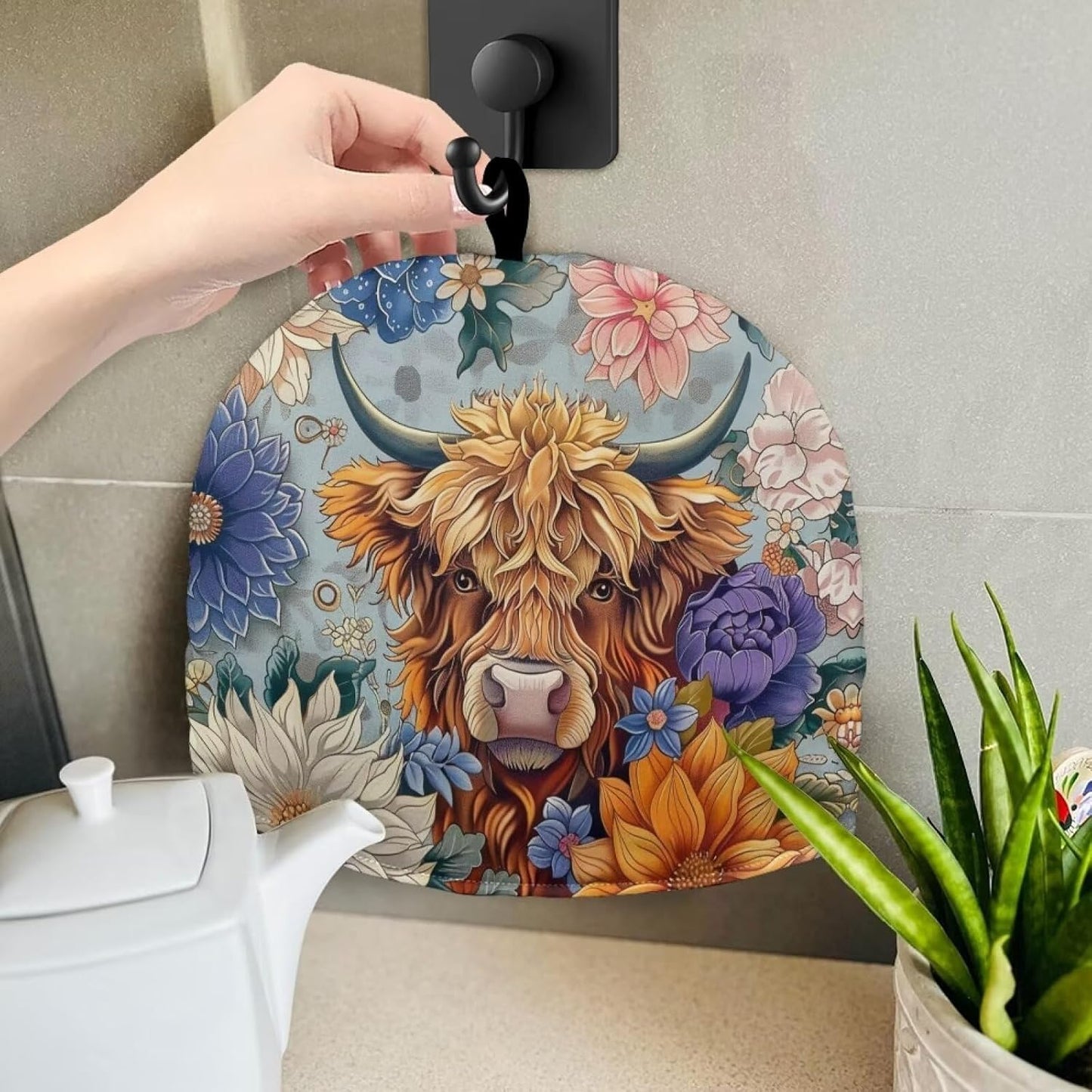 Highland Cow Tea Cozy for Teapot, Insulated Flower Tea Pot Cover, Bohemia Kettle Dust Cover for Kitchen