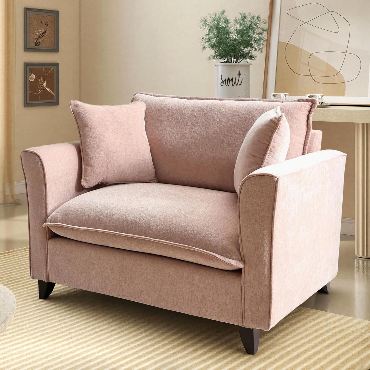 ERYE 46.9" Chenille Upholstered Accent Chair Wide Seat for Living Room Bedroom, Modern Leisure Cushion Armchair W/ 2 Pillows and Removable Cover for Home Apartment Office