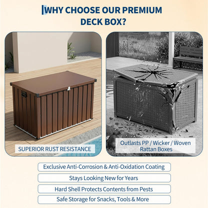 160 Gallon Outdoor Metal Storage Box, Waterproof Steel Deck Box with Lockable Soft-Close Lid, Dual Gas Struts, Wheels, Handles, Large Patio Cushion Tool Pool Storage, Brown,53.15"L x 27.76"W x 29.92"H