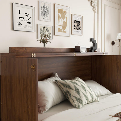 GDFStudio Queen Size Murphy Bed Cabinet with Rattan Panel, Built-in Power Station, Pine Wood Cabinet Bed with Storage Drawer, Foldable Queen Beds for Guest Rooms, Small Spaces, Living Rooms, Walnut