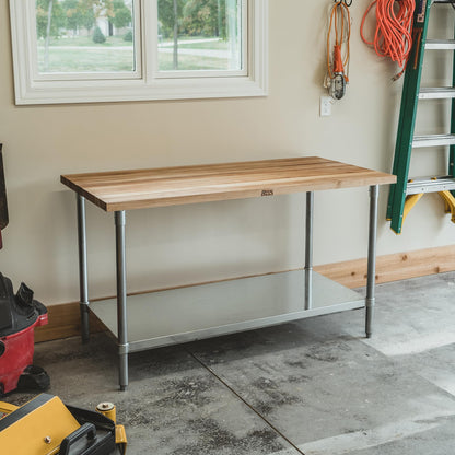 John Boos Maple Wood Top Work Table, 48”x24”x36” – 1.5” Thick Tabletop, 86-lb Kitchen Station with Wooden Edge-Grain Table & Steel Base, & Adjustable Shelf