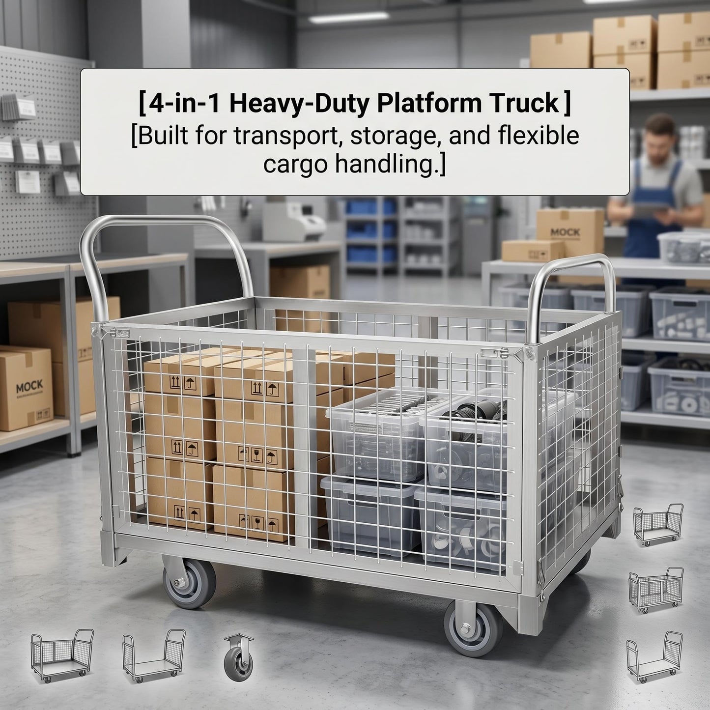 4-in-1 Rolling carts with cage, Multi-Purpose Heavy-Duty Duty cart, 2200-pound Capacity, Folding cart with 5-inch Wheels, for Groceries, Garage, Warehouse (39.4 inches Long x 23.6 inches Wide)