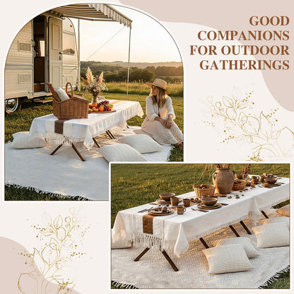 Novabright 20 Pcs Boho Picnic Kit Folding Picnic Table 59'' x 20.5'' Extra Large Outdoor Boho Blanket 91'' x 71'' Beige White Table Runner 12 Pillow Cover Woven Cotton Oversize Washable for Wedding