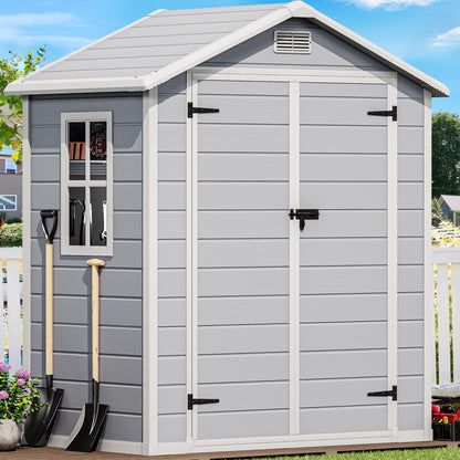 DWVO 6x4 FT Resin Storage Shed with Reinforced Floor, Outdoor Storage Shed with Lockable Door, Window and Vents, Waterproof Plastic Tool Storage for Garden, Backyard, Patio, Lawn