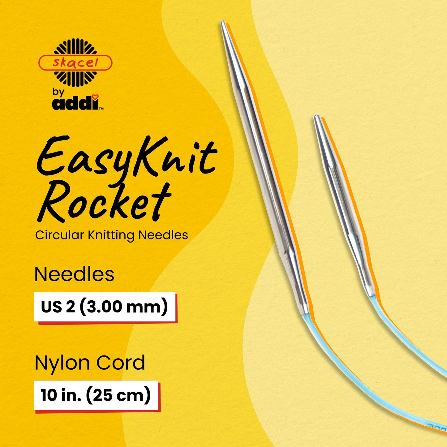skacel by addi EasyKnit Rocket Circular Knitting Needles, 10 Inch (25 cm) Short Plated Brass Round Needle Set with Flexible Nylon Cord, 3 mm (US Size 2)