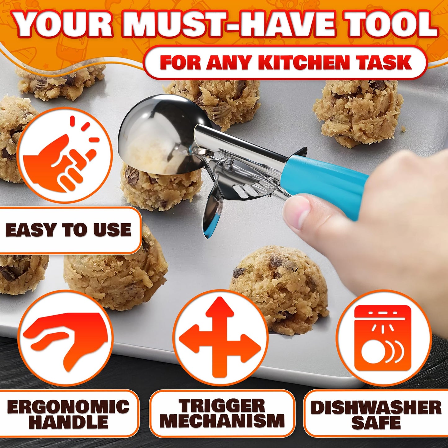 Cookie Scoop Set - Ice Cream Scoop with Trigger - Cookie Scoops for Baking Set of 3#16 (2.7 oz), #20 (2 oz), #30 (1.25 oz), Stainless Steel Versatile Tool, Portion Control for Cookies and Treats Prep