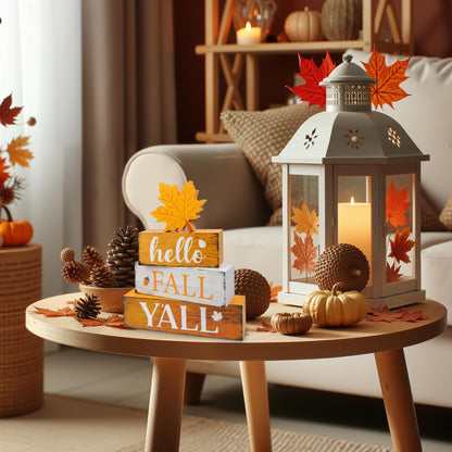 4 Pcs Hello Fall Decor Wooden Tiered Tray Decor, Maple Leaf Autumn Decorations Gifts for Home, Thanksgiving Table Centerpiece for Autumn Harvest Party Kitchen