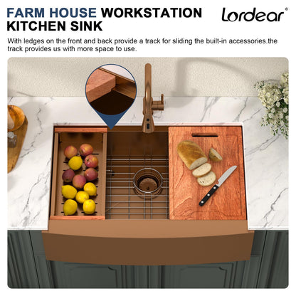 Lordear 33x21Inch Rose Gold Farmhouse Kitchen Sink Workstation SUS304 16-Gauge Stainless Steel Farmhouse Sink Apron Fron Farm Style Undermount Sinks, 33"x21"x10"