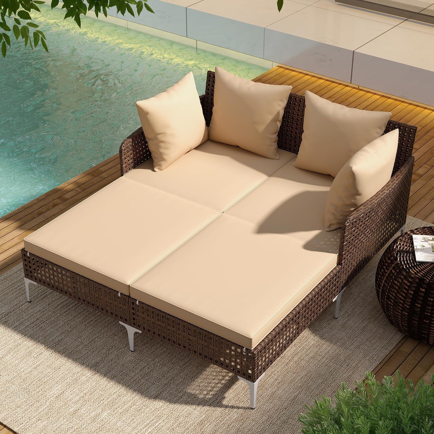 Tangkula Outdoor Rattan Double Daybed, Boho Wicker Chaise Lounge for 2 with Seat & Back Cushions, Outdoor Sunbed Loveseat with Metal Support for Backyard, Poolside & Deck (Brown)