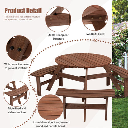 BIFULDYO 6-Person Round Outdoor Table and Chairs for Patio, Backyard, Wooden Garden Picnic Table with 3 Benches, 1720 Lb Capacity (Brown)
