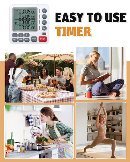 TPNEG Digital Kitchen Timer - 4-Channel Cooking Timer with Alarm, Magnetic Back, Loud & Silent Modes, Count Up/Down, Ideal for ovens, Seniors, Kids and classrooms, Replaceable AAA Battery