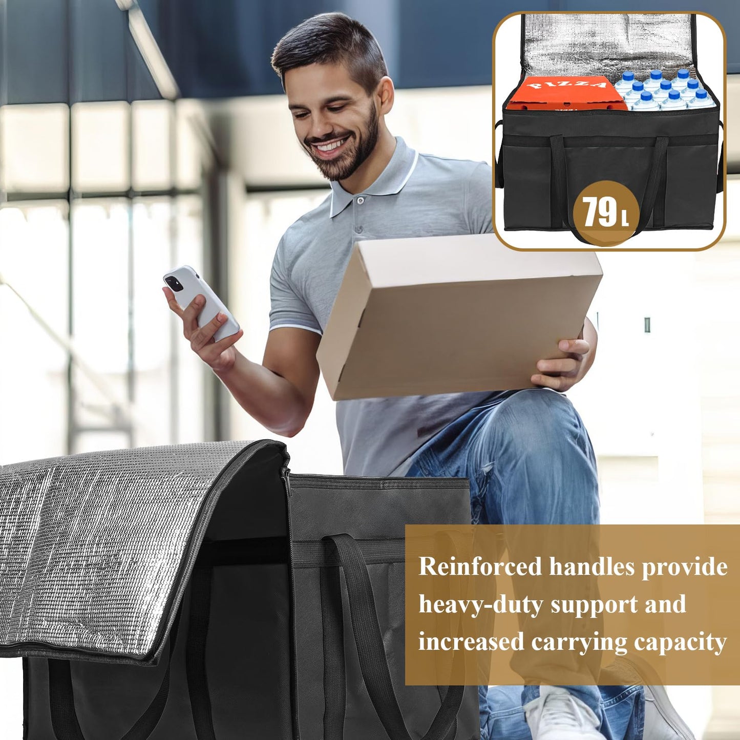PEASUG Insulated Bags for Food Delivery, XXXL Pizza Delivery Bags, Large Capacity Cooler Bag Keep Food Warm for Grocery Shopping and Catering, Foldable, Heavy-Duty (Black)