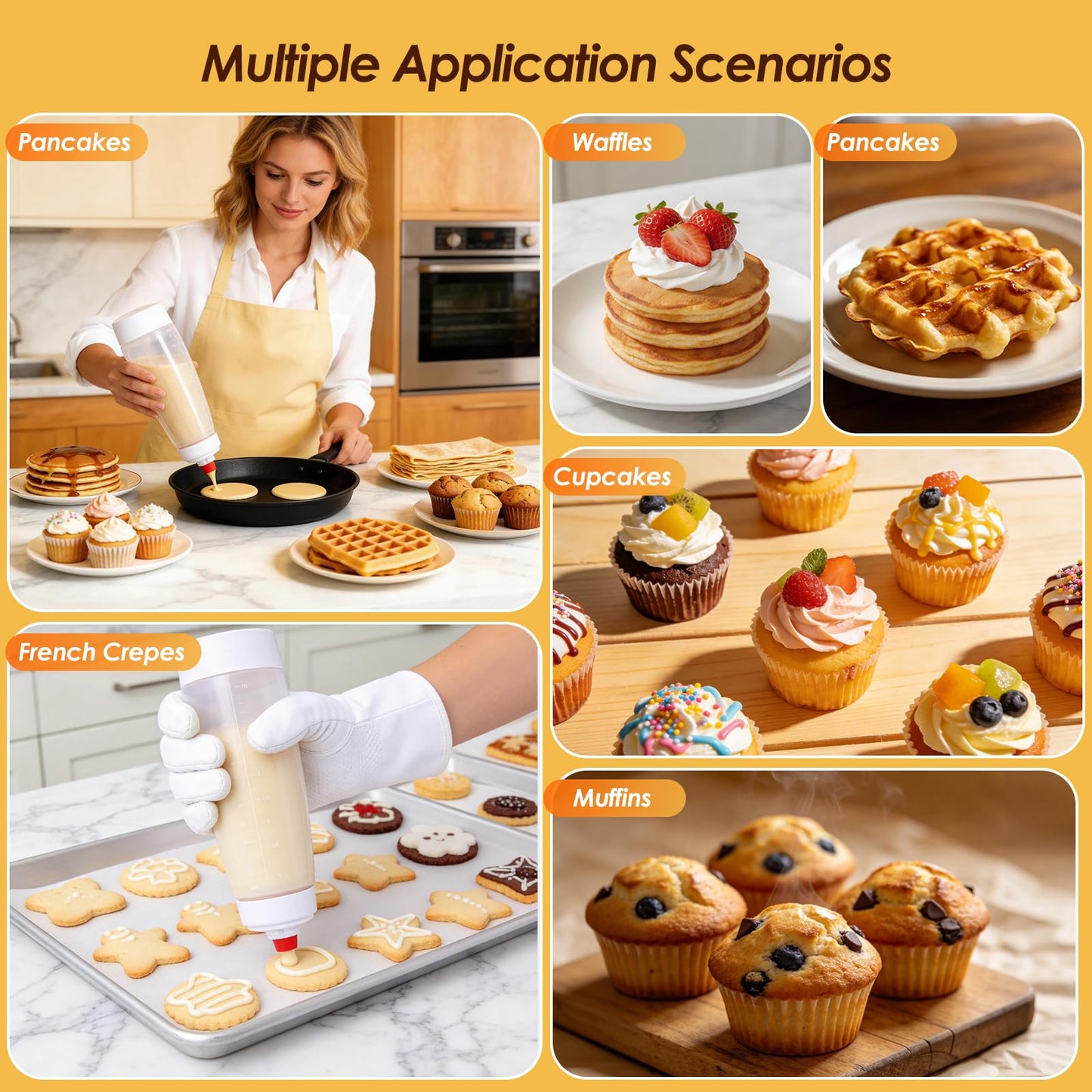 Pancake Batter Dispenser Bottle Kit with 7 Accessories, 1000ml Silicone Squeeze Pancake Mixer Bottle with Whisk Ball and Stand Base, Pancake Shaker Bottles for Cupcakes Muffins Waffle Crepes(2pack)