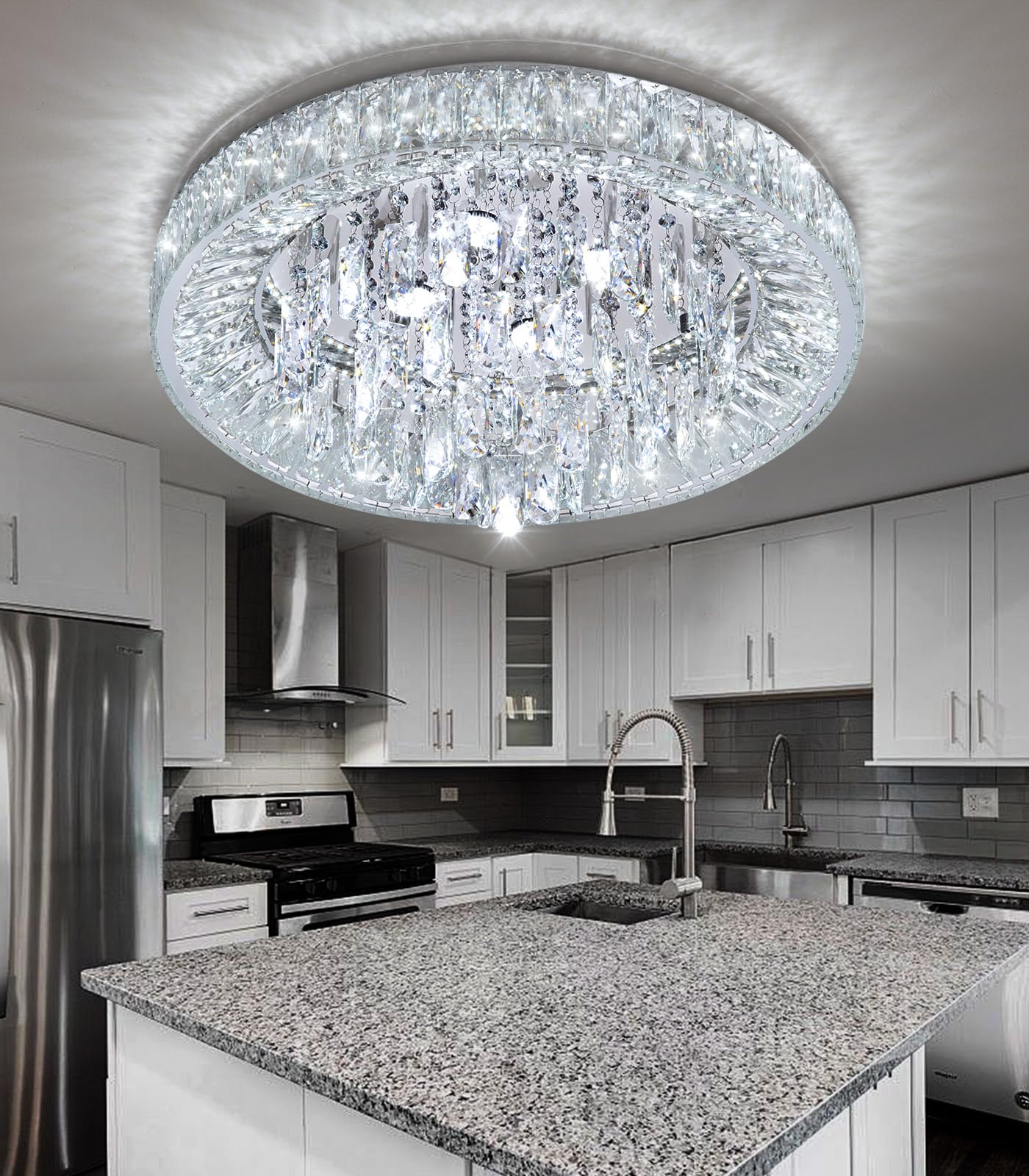 dolria 23.6" Modern Crystal Chandeliers LED Dimmable Flush Mount Ceiling Chandeliers for Living Room Entrance Foyer Bedroom Silver