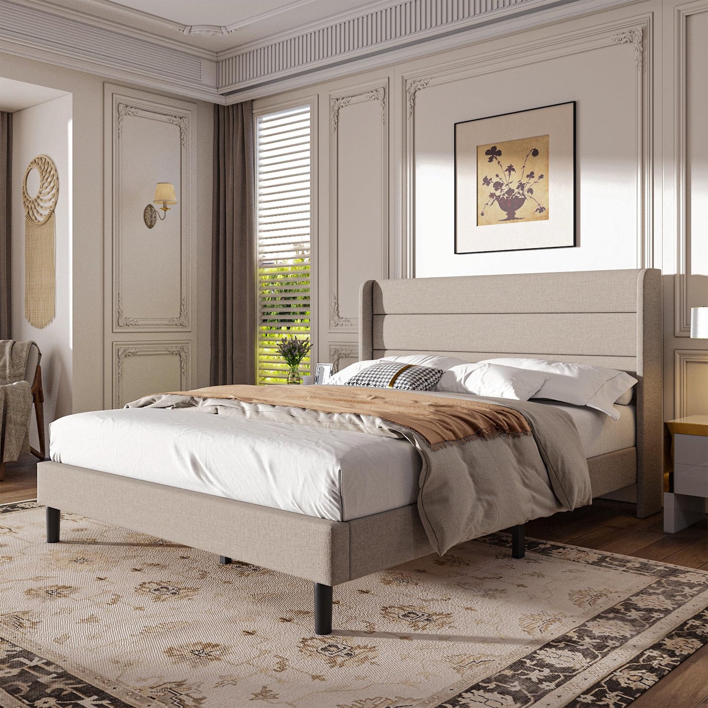 Mxhtcewz Full Size Upholstered Platform Bed Frame, Modern Linen Fabric Bed with Wingback Headboard, Sturdy No Wobble, Noise-Free & Easy Assembly, No Box Spring Needed, Beige